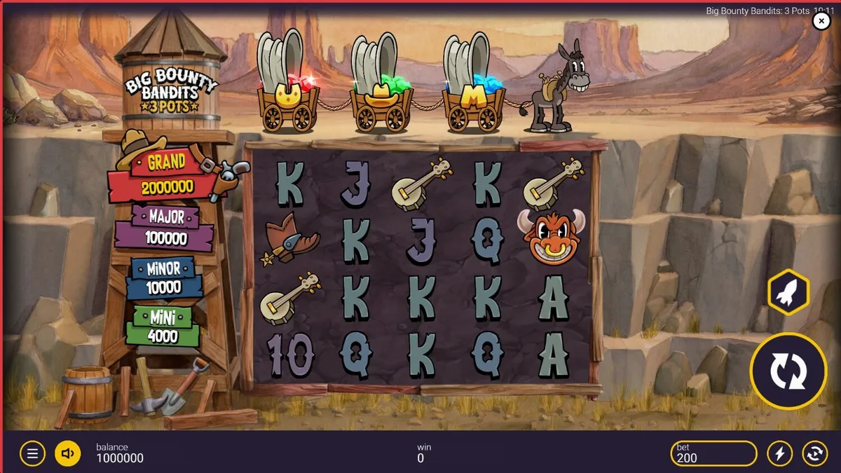 Tampilan visual slot Big Bounty Bandits: 3 Pots dengan gaya animasi rubber-hose
